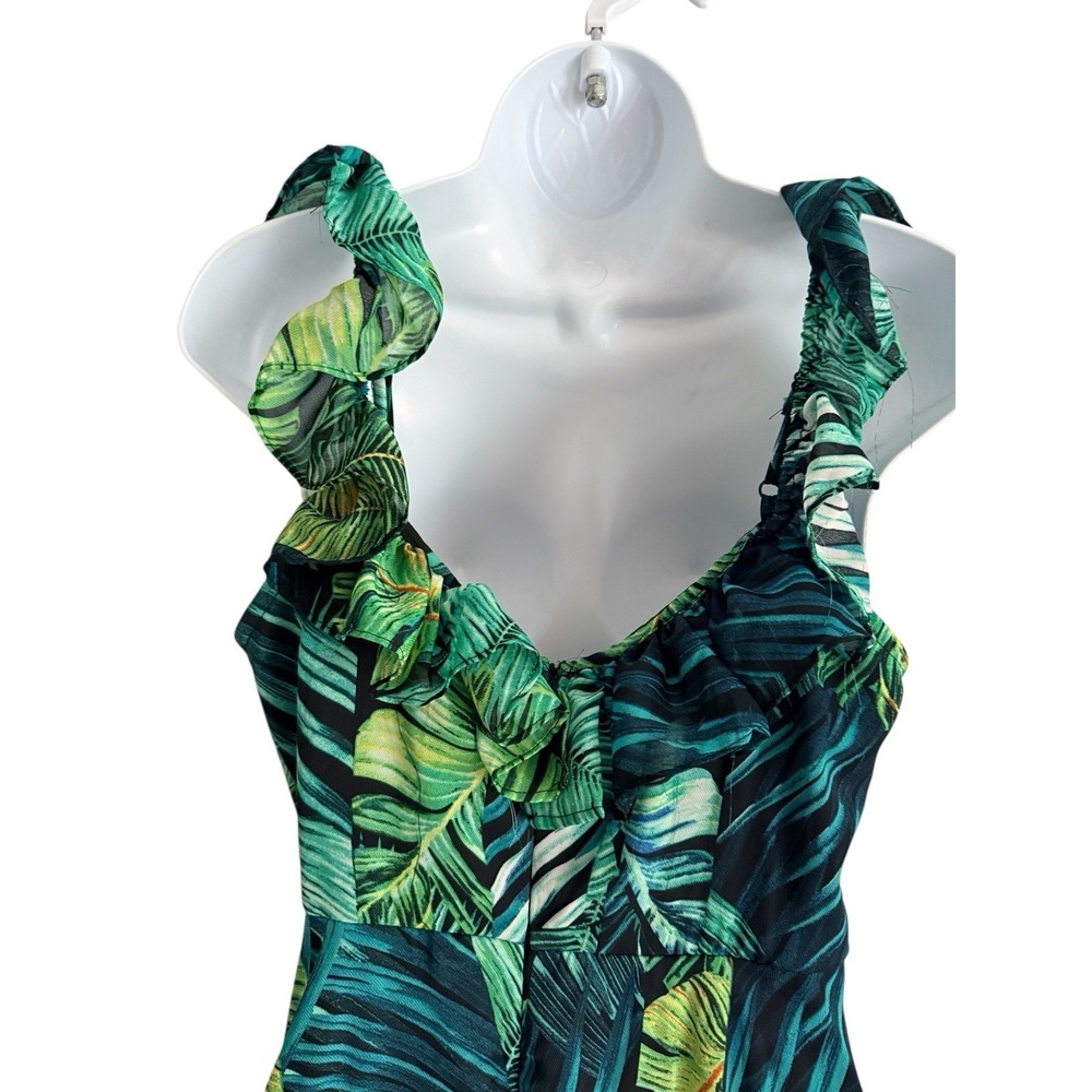 Tropical‎ Palm Leaf Ruffle High Low Dress L Womens Green Resort Beach Vacation - Picture 10 of 12
